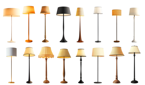 Various floor lamps on a transparency background showcasing diverse designs and colors suitable for home lighting enhancement