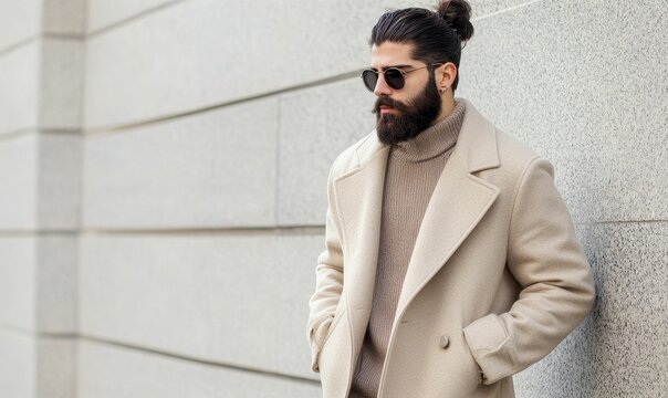 Man with beard wearing coat and sunglasses.