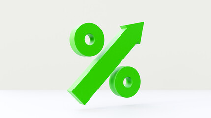 Green percentage symbol with an arrow up. Percentage sign with up arrow on a white background. Interest rate higher price moving up percent percentage sign.