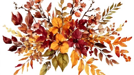 Fototapeta premium Elegant watercolor fall floral bouquet with foliage in soft beige, light gold, and dark burgundy tones. Perfect for seasonal designs, bringing warmth and sophistication to various creative projects