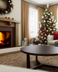 Cozy holiday living room with a beautiful Christmas tree and a cozy fireplace