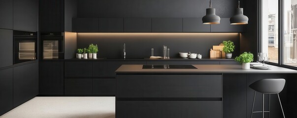 Contemporary kitchen with sleek cabinets and black finishes, sophisticated minimalist style, 3D illustration