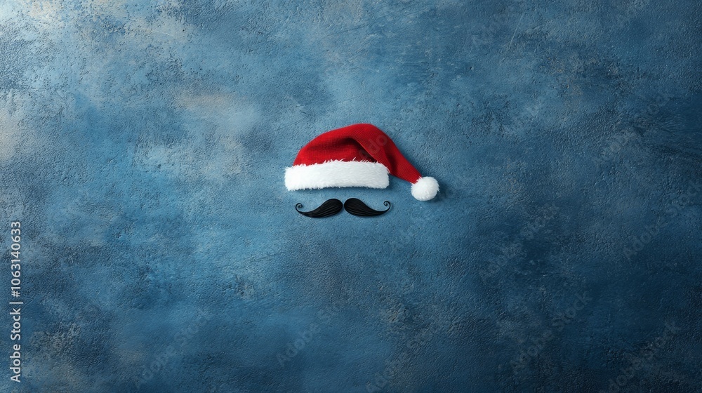 Poster man's mustache is drawn on a blue background with a red hat on top. the image has a playful and fest