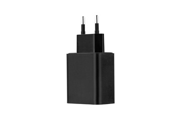 power adapter, charging adapter with USB and Type-C connector on isolated and white background, close-up