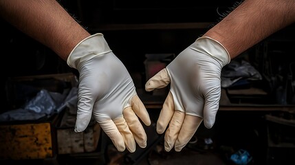 Putting on gloves and preparing for an experiment: A researcher putting on gloves and getting ready to work in the lab, symbolizing caution and preparation