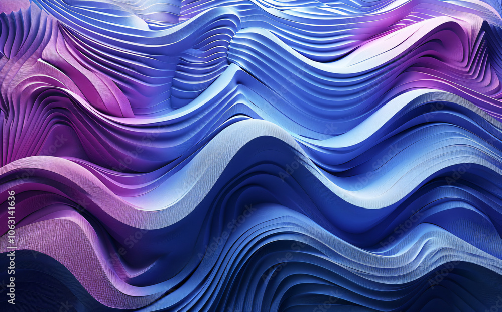 Poster 3d render of an abstract background with blue and purple gradient lines in the shape of an undulatin