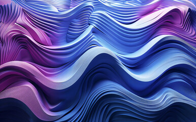 3D render of an abstract background with blue and purple gradient lines in the shape of an undulating wall, in the style of a close up view.