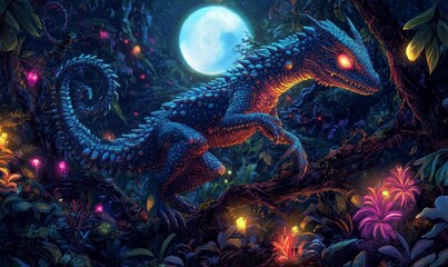 A blue, scaly creature perches on a branch.