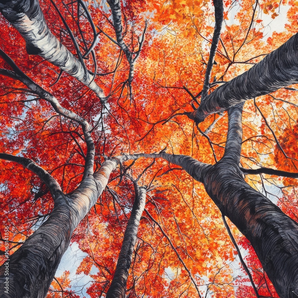 Sticker Autumnal forest with vibrant red and orange foliage on tree canopies