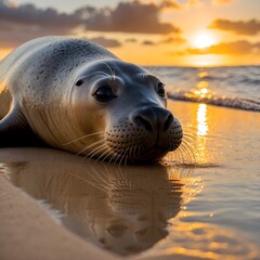 Obraz premium Radiant Waves: A Monk Seal's Peaceful Sunset Reflection
