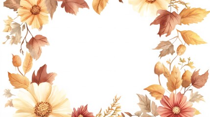 Fototapeta premium Square watercolor floral frame with warm autumn colors on a white background, evoking nostalgia and charm. This high-resolution design is ideal for stickers, scrapbooking, and seasonal projects