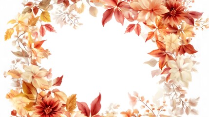 Fototapeta premium Square watercolor floral frame with warm autumn colors on a white background, evoking nostalgia and charm. This high-resolution design is ideal for stickers, scrapbooking, and seasonal projects