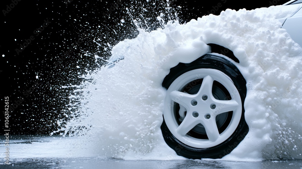 Poster car is covered in white foam and is spinning out of control. concept of chaos and danger, as the car