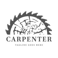 Carpenter Vector Logo Circular Saw and Woodcut Monochrome Design Illustration