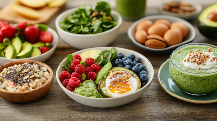 Colorful and nutritious breakfast spread featuring oatmeal, smoothies, and fresh fruits on a wooden table