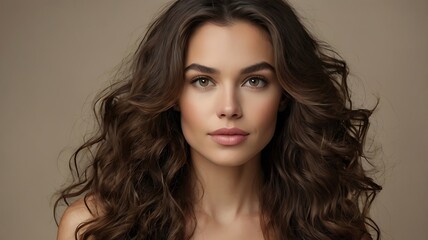 Fototapeta premium portrait of a woman, Portrait of a woman with voluminous, wavy brunette hair and a subtle makeup look, placed against a neutral background