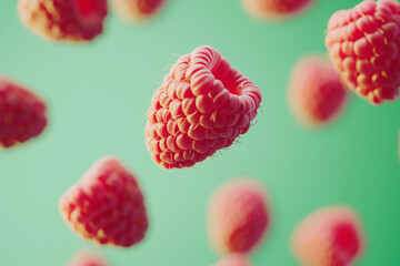 Floating fresh raspberries against a pastel green background. The composition conveys vibrancy and...