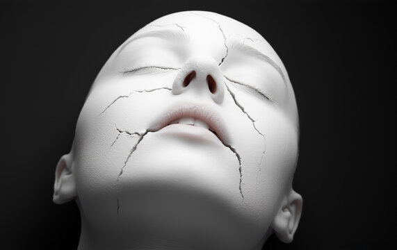 A cracked white mannequin head expressing emotion against a dark background in fine art photography