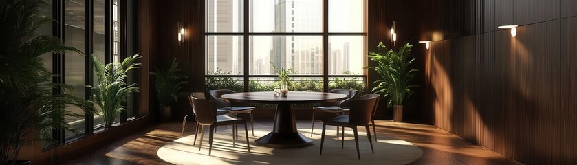 Elegant dining area with dark wood walls and round table, natural light streaming through large windows, 3D illustration