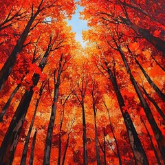 Autumnal forest with vibrant red and orange foliage on tree canopies