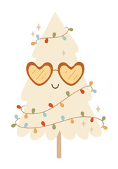 Retro groovy Christmas tree clipart. Christmas clipart. Cute festive seasonal object. Hand drawn vector illustration in flat style