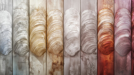 Fototapeta premium Weathered seashells on rustic wooden planks in natural tones. Minimal background for design. Minimalistic stylish copy space
