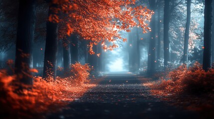 Dreamlike Forest Path with Red Leaves	