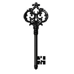An intricate black key with ornate designs, highlighted against a dark background, suggesting mystery and elegance.