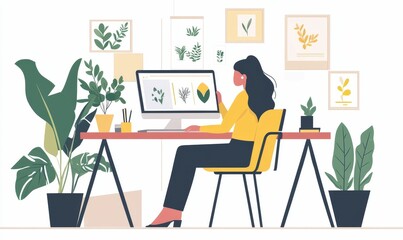 Woman working on computer, surrounded by plants.