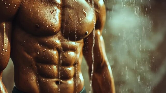 A man stands in a shower, water dripping down his muscular torso