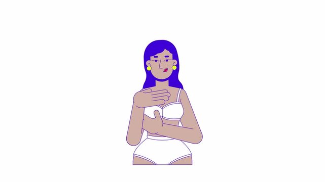 Indian woman in brassier examining breast 2D character animation. Mastopathy early detection cartoon 4K video, alpha channel. South asian female touching chest animated person on white background