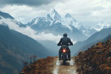 Motorcyclist enjoying freedom and adventure while riding on a scenic mountain trail with breathtaking snowy peaks in the background
