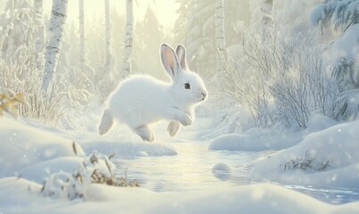 White rabbit leaping over winter stream.