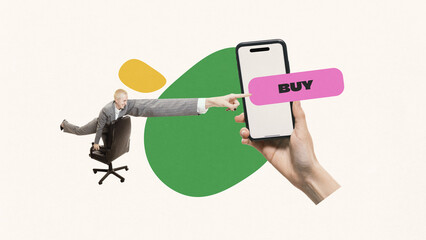 Contemporary art collage. Businessman in dynamic pose reaching towards smartphone screen with Buy...