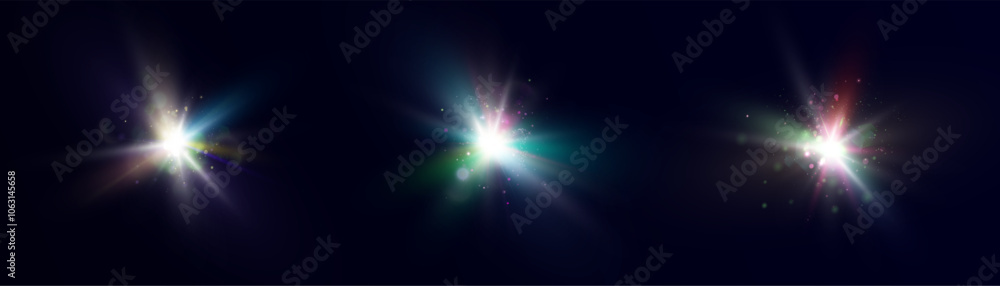 Poster Bright light effect with rays and glare shines with colorful light for vector illustration.	
