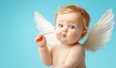 Fototapeta premium Cute baby Cupid with angel wings blowing bubbles against a blue background in a playful setting