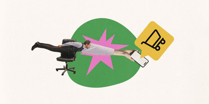 Businessman on chair extending towards smartphone with shopping cart icon. Digital shopping and e-commerce. Concept of business, e-commerce, digital market, shopping. Contemporary art collage.