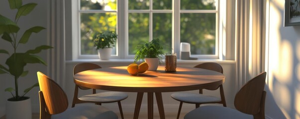 Modern breakfast nook with round wooden table and mid-century chairs, 3D illustration