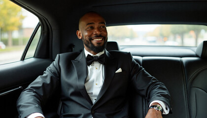 A portrait of a young Black man with a beard, wearing a black tuxedo with a bowtie. He is sitting in the back seat of a car, smiling and looking out the window.
