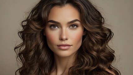 Naklejka premium portrait of a woman, Portrait of a woman with voluminous, wavy brunette hair and a subtle makeup look, placed against a neutral background