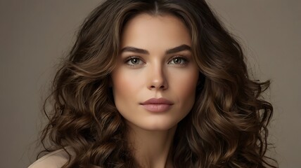 portrait of a woman, Portrait of a woman with voluminous, wavy brunette hair and a subtle makeup look, placed against a neutral background