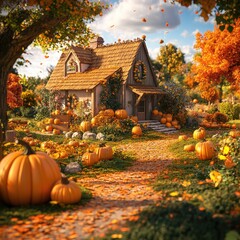 Autumn countryside with pumpkin patches and harvest-themed decorations