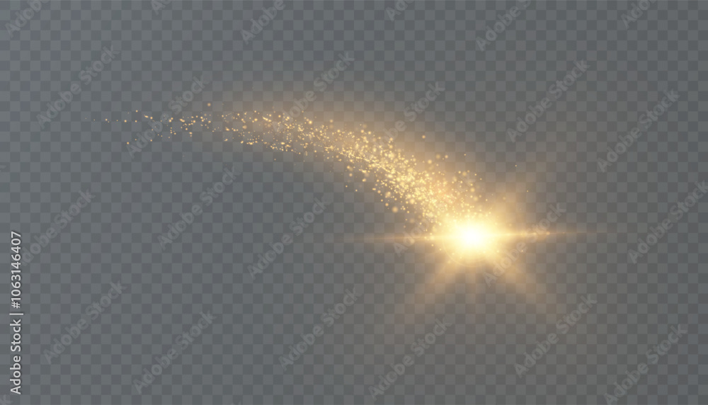 Poster golden magic comet with lots of sparkling dust shimmering light effects. magic golden wind for web d