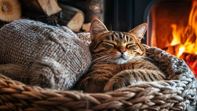 Cat curled up on a soft cushion near a crackling fireplace 