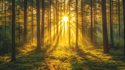 Fototapeta premium Sun rays burst through the trees in a misty forest.