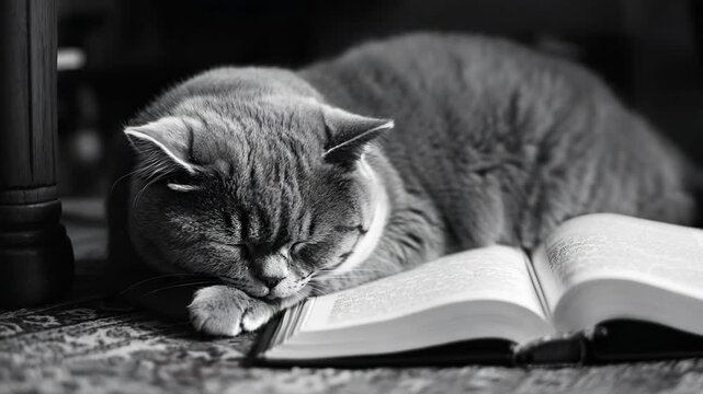 Peaceful shorthair cat sleeping on an classic rug next to an open book. Black and white video
