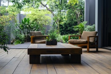 Obraz premium An inviting outdoor seating area with comfortable wooden loungers and a large coffee table, set against a backdrop of lush greenery offering a peaceful retreat.
