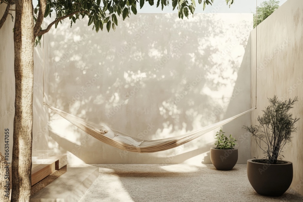 Poster A minimalist courtyard featuring a hammock stretched between walls, basking in sunlight, surrounded by a few potted plants, offers a serene and lazy retreat.