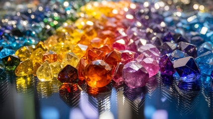 colorful gemstones arranged in a gradient of colors on a mirrored surface 