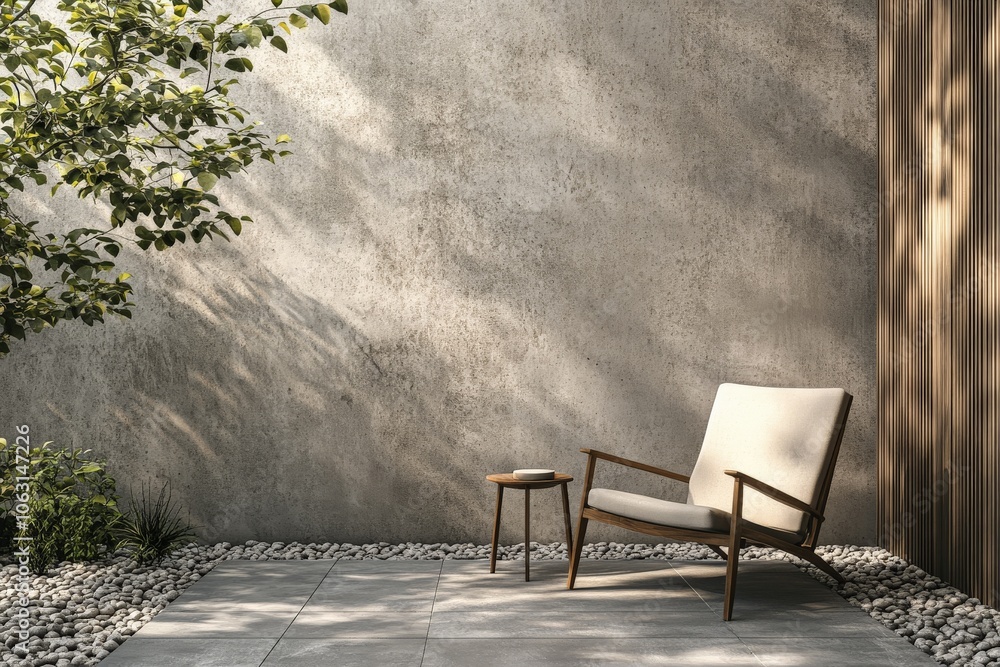 Poster A refined outdoor scene with an elegant chair and matching small table, surrounded by stone tiles and a lush tree, offering serenity and a touch of nature's elegance.